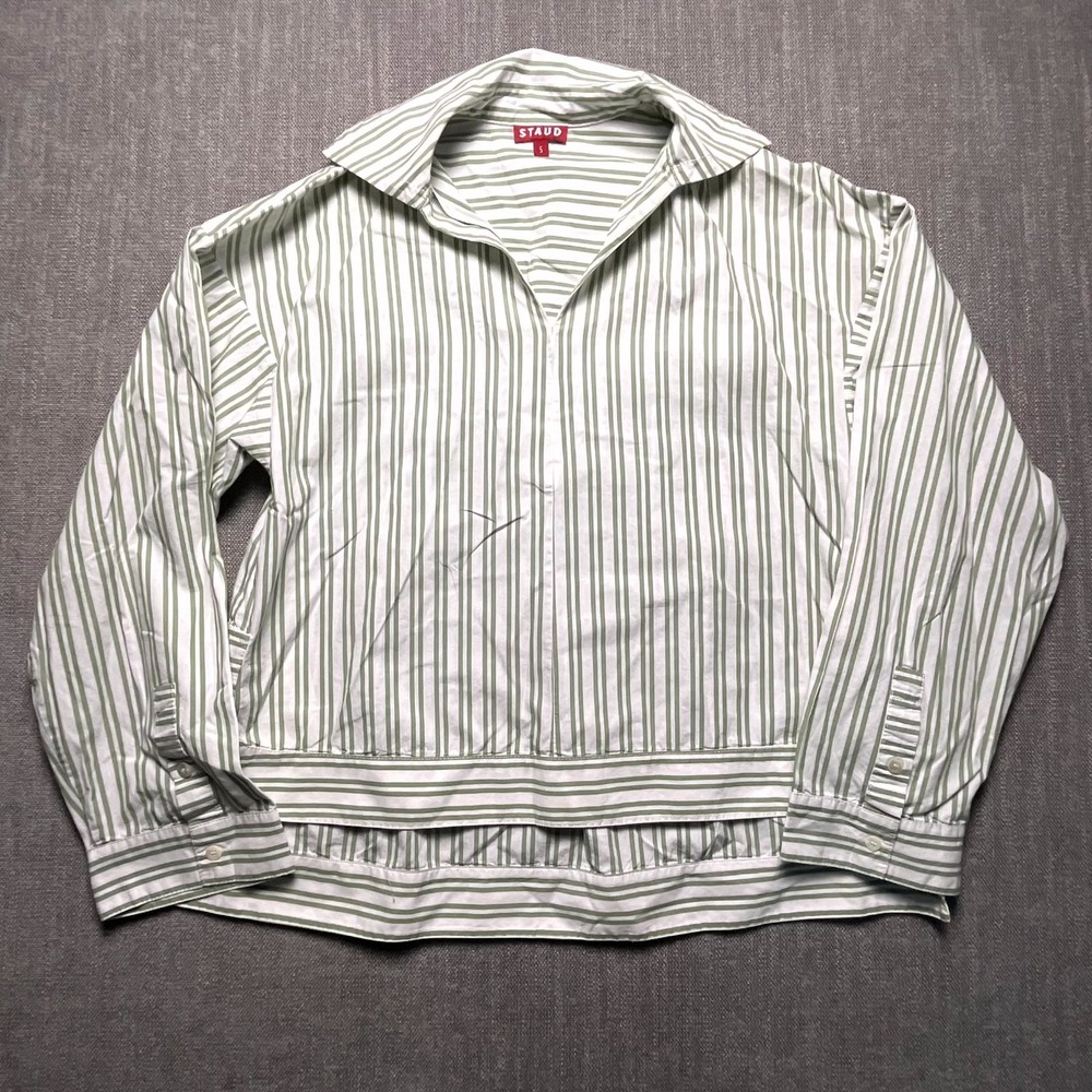 Staud Marlene Shirt Womens Small White Green Striped Plunge V Neck High Low Hem
